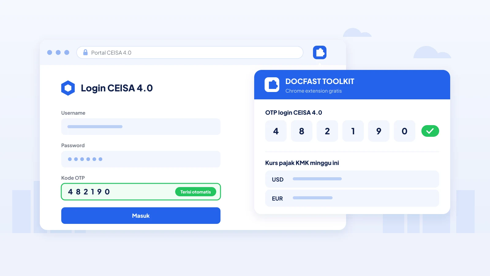 Ilustrasi halaman login CEISA 4.0 di browser dengan kode OTP terisi otomatis oleh popup DocFast Toolkit, yang juga menampilkan kurs pajak KMK minggu ini